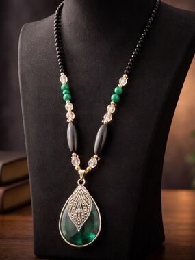 Elegant Green Teardrop Pendant Necklace with Black Beads